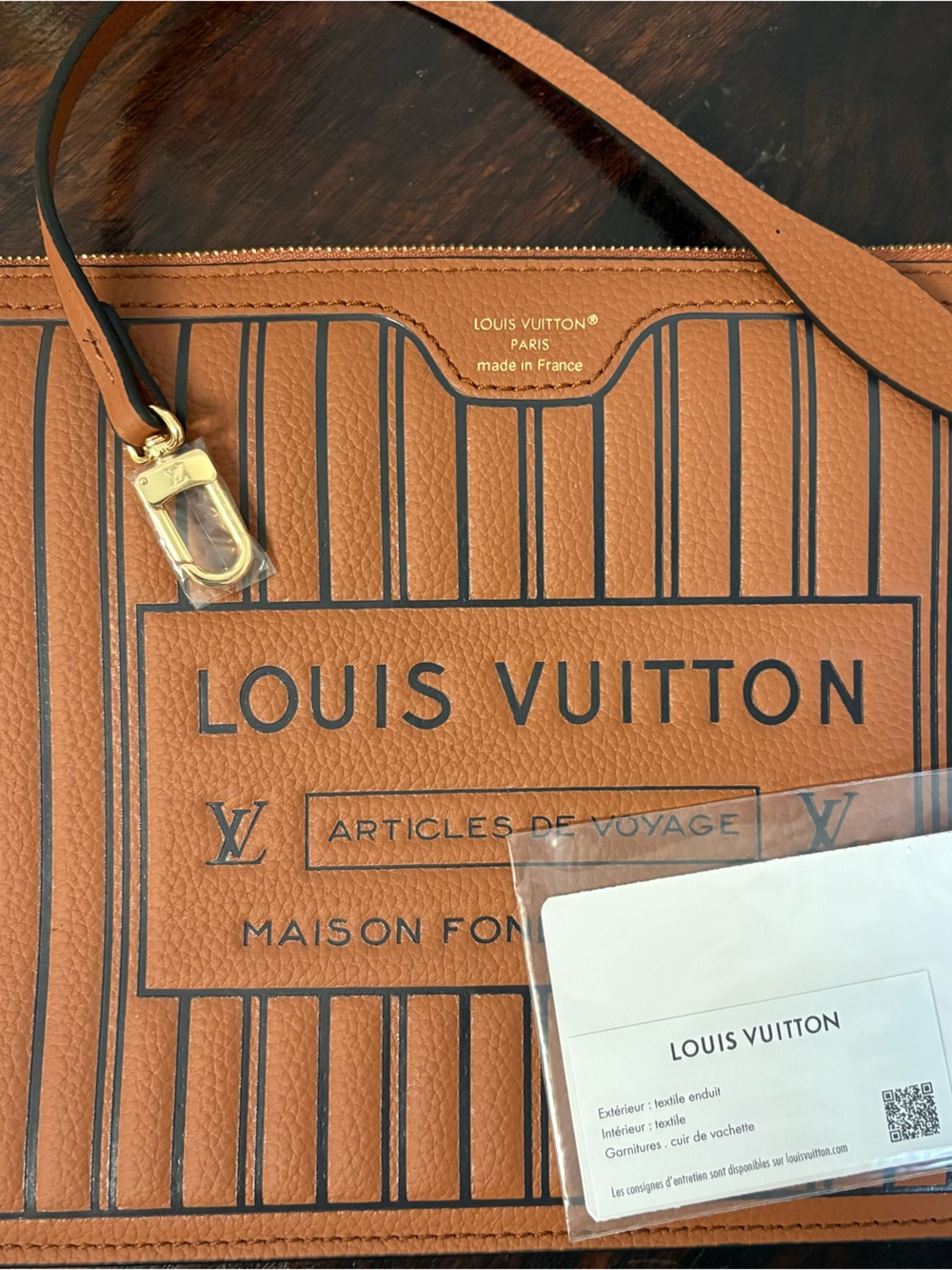 LV Tan Leather Zip Pouch with Striped Print Neverfull Inside Out